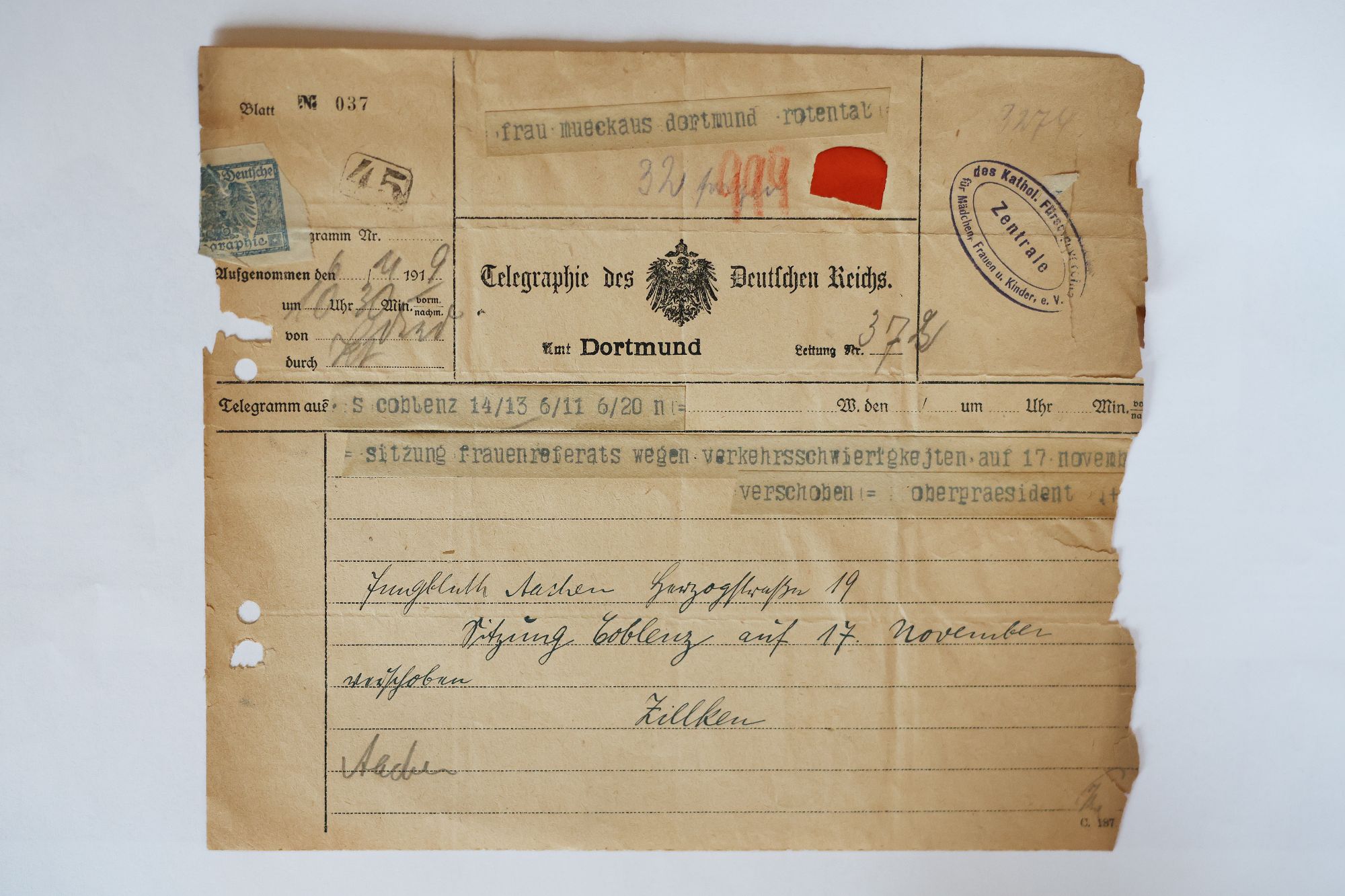 Ein Telegramm vom   6. November 1919, Absender „Oberpräsident Zilkens“ an Anna Jungbluth, die Marita Loersch 1907 in den Fürsorgeverein berufen hat. (c) Bistum Aachen/Andreas Steindl