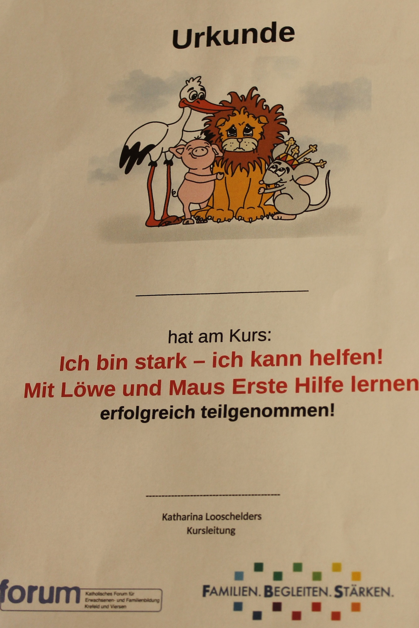 Die Teilnehmerurkunde mit Maus, Storch, Löwe und Schwein. (c) Kathrin Albrecht