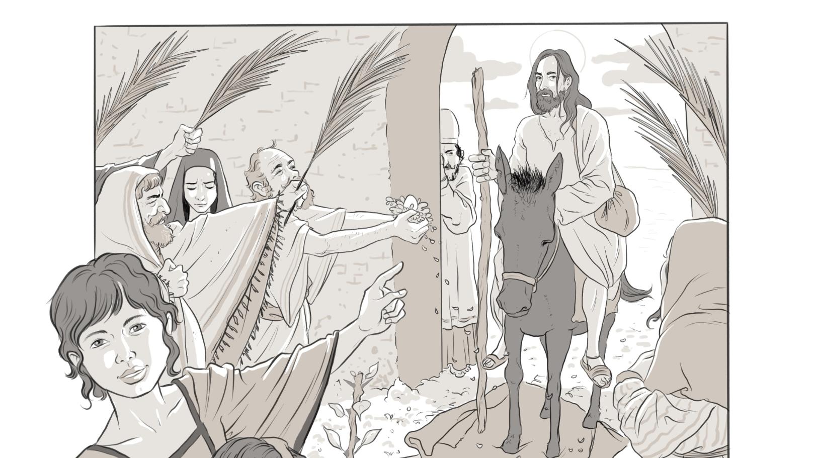 Jesus zieht auf dem Esel in Jerusalem ein und wird vom Volk als Messias begrüßt. Dieses Ereignisses wird am Palmsonntag gedacht und eröffnet die Karwoche. Für die Hinführung der Grundschüler im Bistum Aachen auf Ostern zu diente die Erzählung als grafisches Element.  Einem Puzzle ähnlich wurde es Schritt für Schritt offengelegt. Das haben viele Kinder geliebt. Biblisch nicht exakt ist die Erzählung vom bunten Osterei, das der Künstler – bewusst – hineingemogelt hat. (c) Bistum Aachen