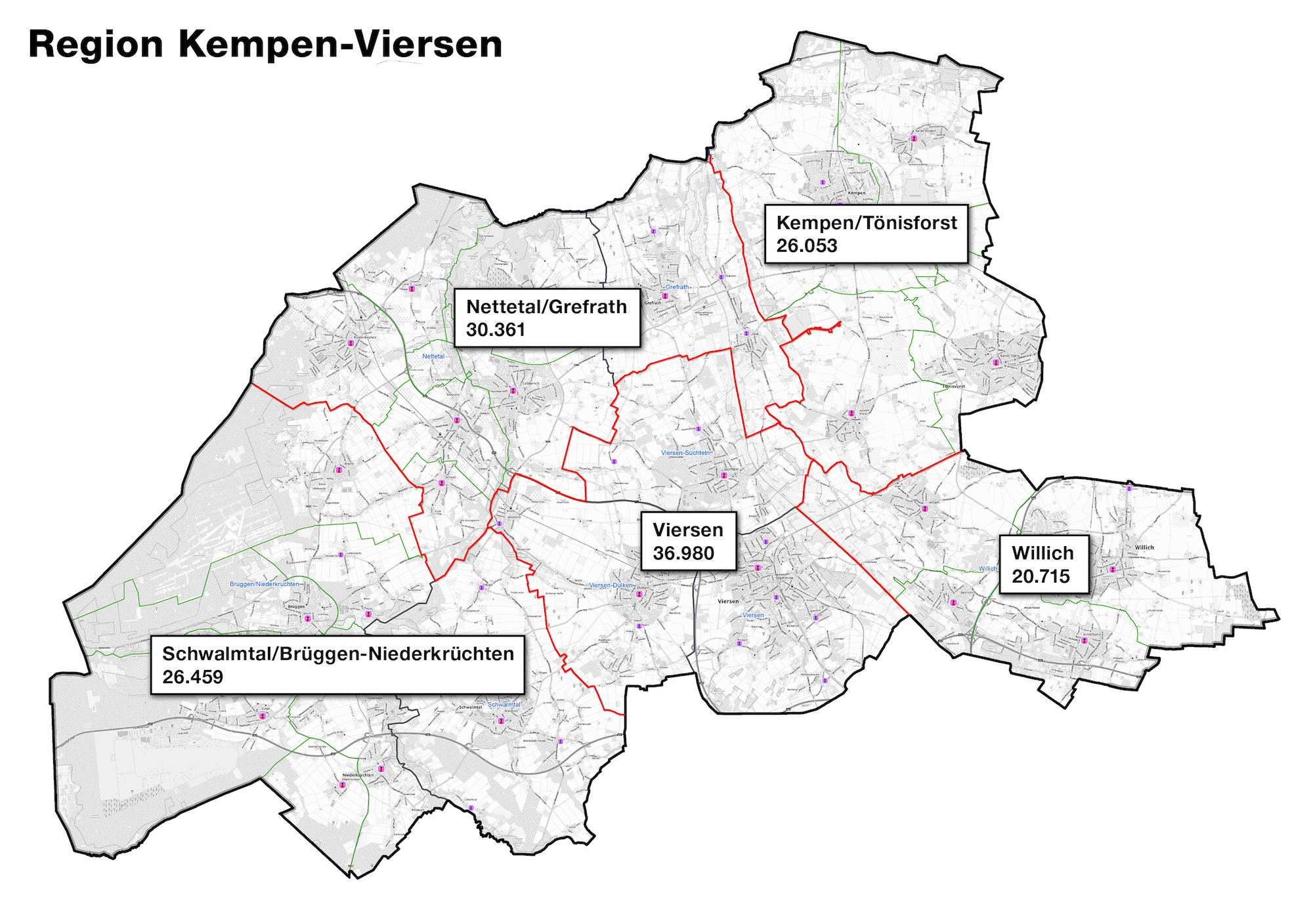 Die Vorschläge für die neuen Pastoralen Räume in der Region Kempen-Viersen. (c) Bistum Aachen