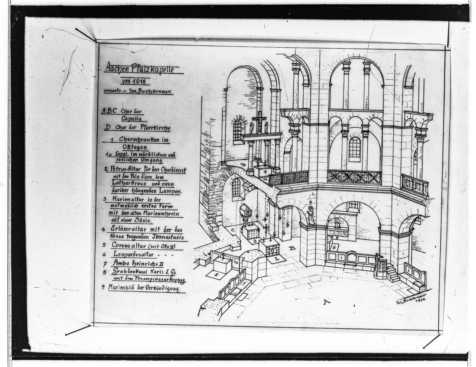 Der heutige Aachener Dom zu Beginn des 11. Jahrhunderts nach einer Rekonstruktion von Buchkremer. (c) Fotosammlung der Domschatzkammer