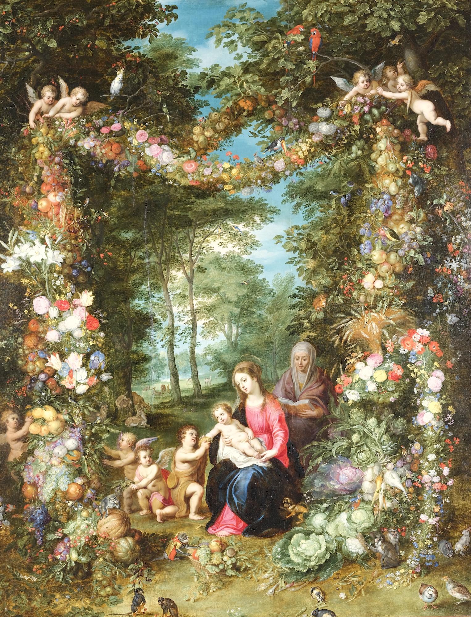 Jan Brueghel I / Hendrick van Balen I, Maria mit Jesuskind,  Johannes der Täufer, Hl. Anna von Engeln umkränzt, Öl auf Eichenholz, Dauerleihgabe, Wallraf-Richartz-Museum & Fondation Corboud
