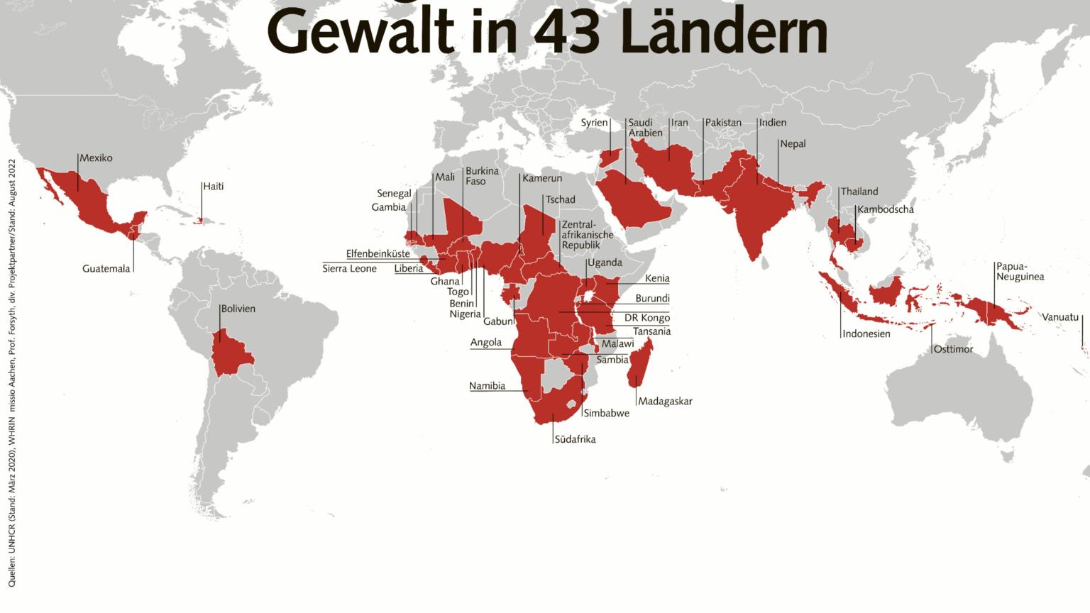 Die Karte macht eindrücklich deutlich, wie weit  verbreitet Hexenwahn ist. Weitere Infos unter  www.missio-hilft.de/hexenwahn