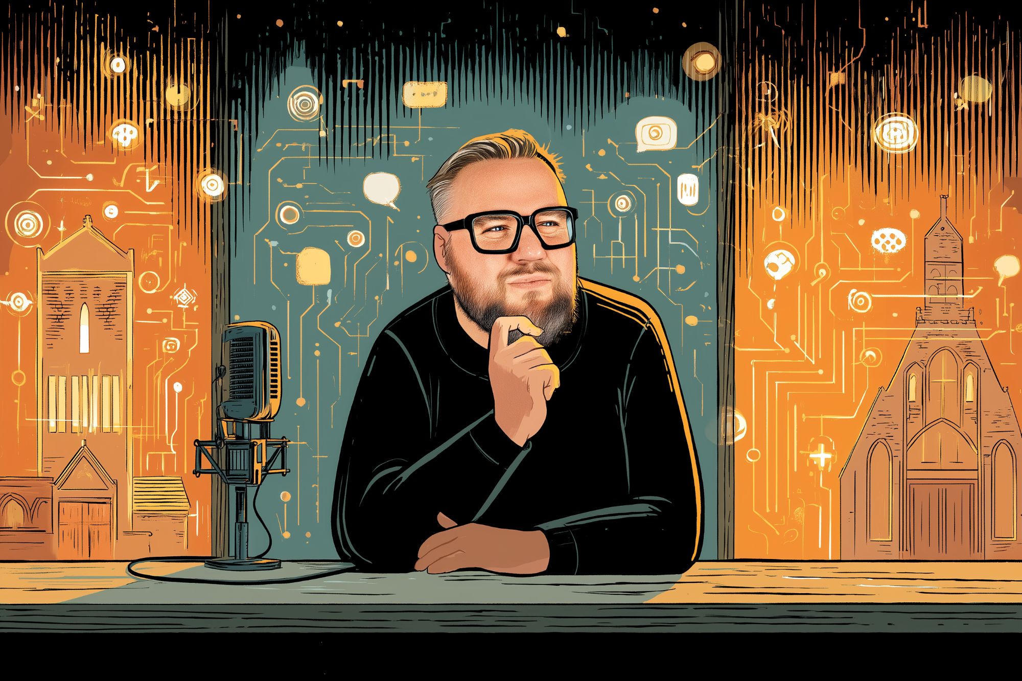 Dieses Bild eines nachdenklichen Manns mit Brille an einem Schreibtisch hat die Künstliche Intelligenz generiert. „Gefüttert“ wurde sie mit Anweisungen (sogenannten „Prompts“) von Oliver Hinz. Die Szene soll den Kontrast zwischen menschlicher Empathie und maschineller Logik verdeutlichen. (c) Haus Hinzki